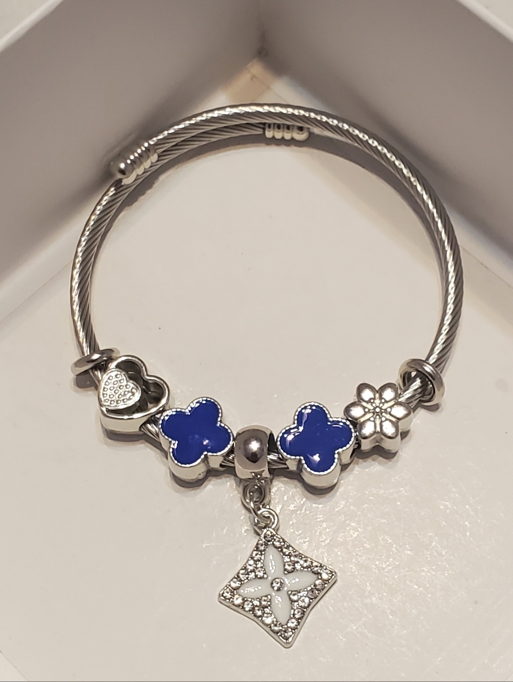 Stainless Steel Blue Quatrefoil Clover & Heart Charm Adjustable Bangle Bracelet